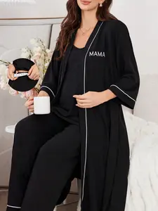 Underwear&Sleepwear Maternity 3 Piece Set: Contrast Trim Letter Embroidered Maternity Robe With Adjustable Strap And Long Pants Sleepwear