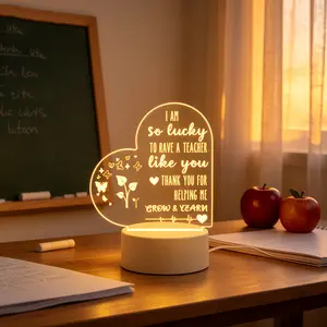 Teacher Appreciation Gifts LED Night Light, Thank You Teacher Engraved Heart Acrylic Night Lamp, Sentimental Keepsake Decor Light for End of Term Teacher's Day Birthday