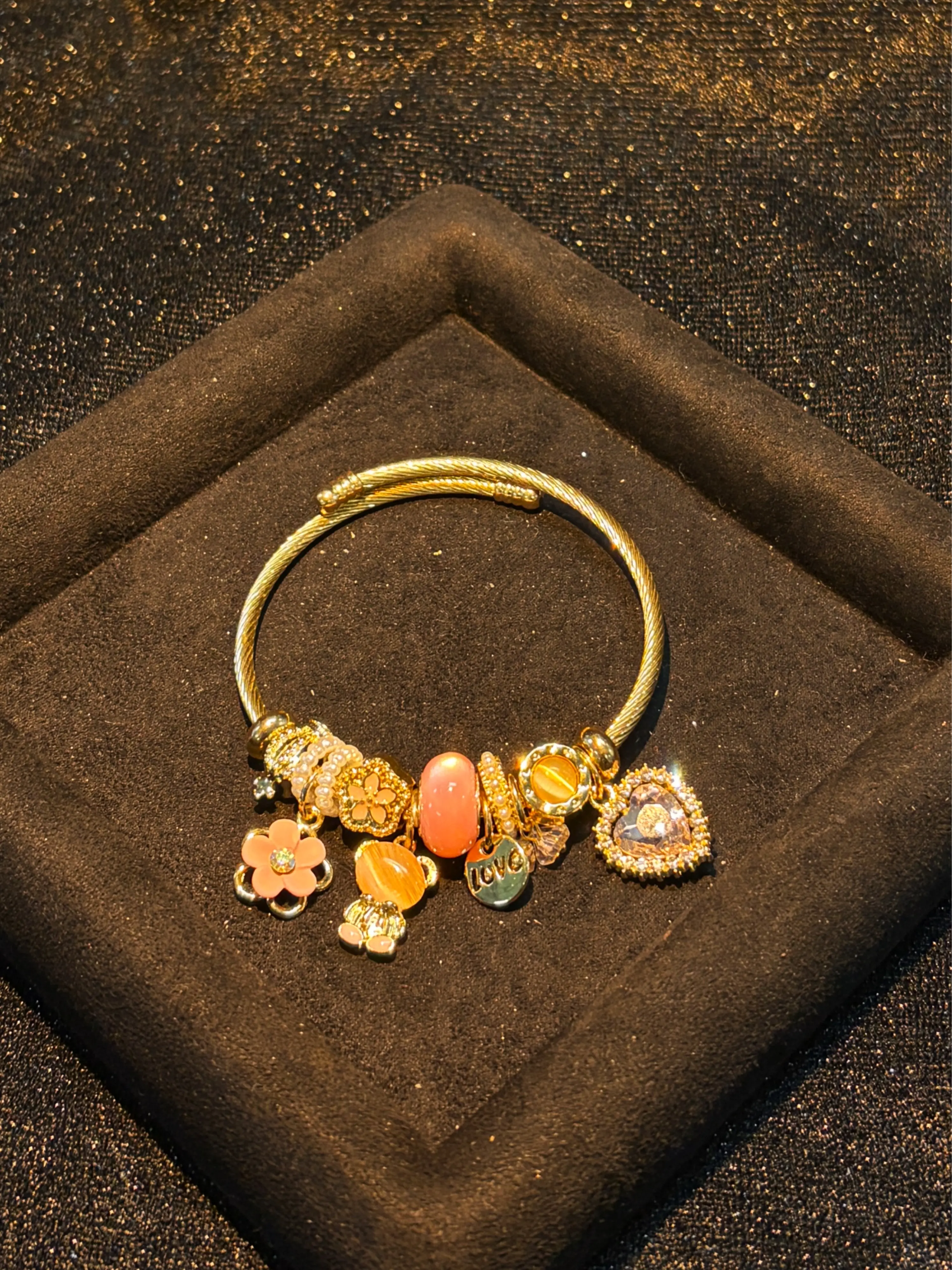 Gold Tone Open Bangle, Charms Beaded Bracelet for Women