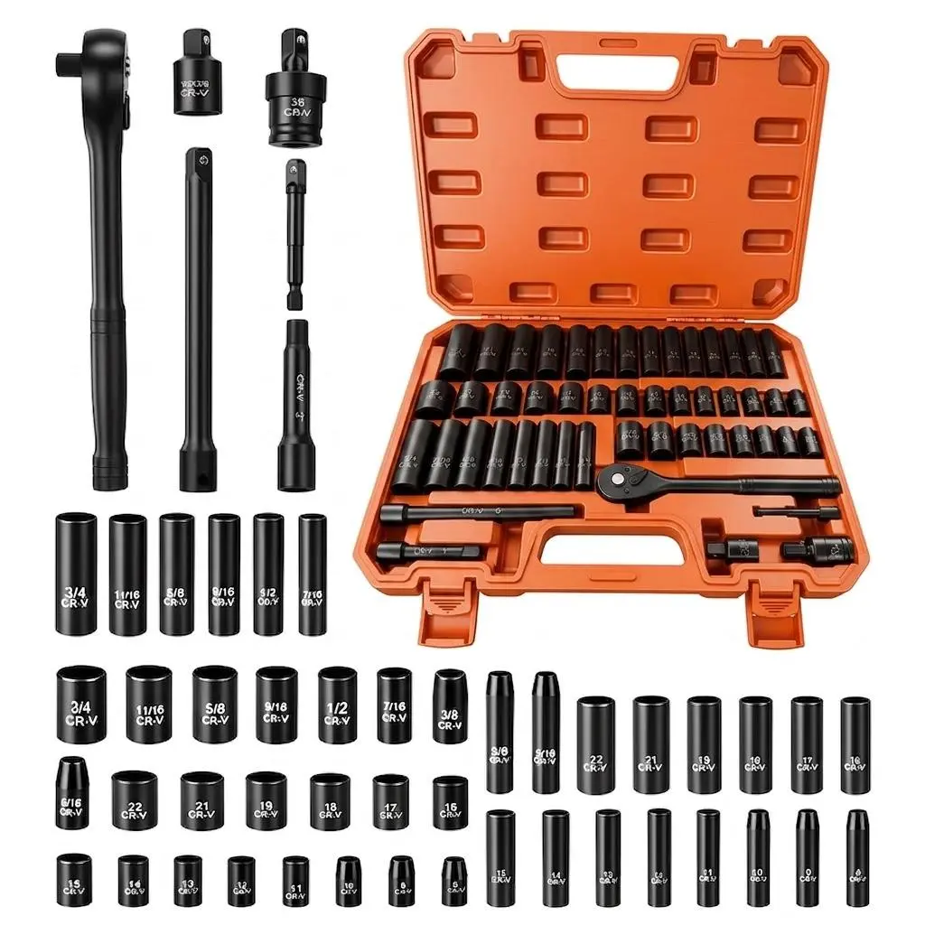 50Pcs 3/8" Drive Impact Socket Set, Master Deep & Standard Metric (8-22mm) and SAE (5/16"-3/4") Sockets, 6-Point CR-V Impact Wrench Tool Kit with 72-Tooth Ratchet & Heavy-Duty Case