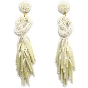 Handmade Beaded Solid Color Post Statement Earrings for Women All Season - 4 inch Long Dangle with Celtic Knot Design - Czech Seed Beads - Pearl