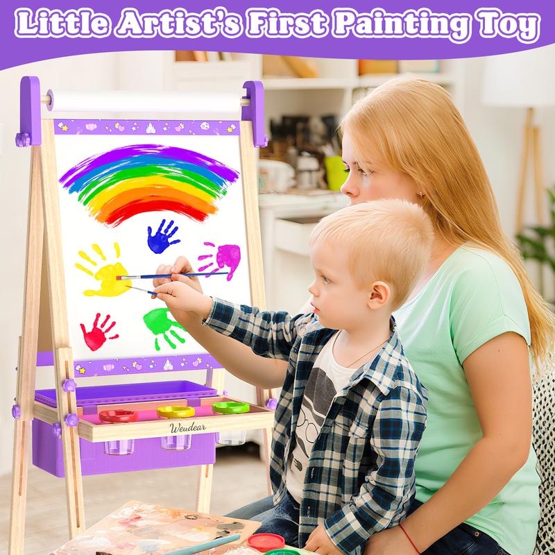 【Kids Gifts】Art Easel for Kids,Adjustable Wooden Kids Art Easel with Paper Roll,Double-Sided Magnetic Toddler Easels,Dry Erase Whiteboard and Chalk Board,Toys for 3 4 5 6 7 8 9 10 Year Old Girl Boy Gift