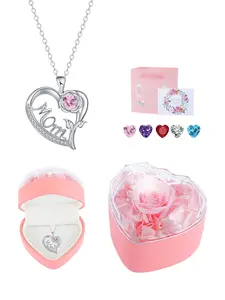 Rose Mom CZ Birthstone Necklace With Heart Shape Rose Jewelry Gift Box, Rose Heart Mama Pendant Necklace, Christmas Mother's Day Birthday Jewelry Gifts for Mom Mother New Mom, Love Necklace