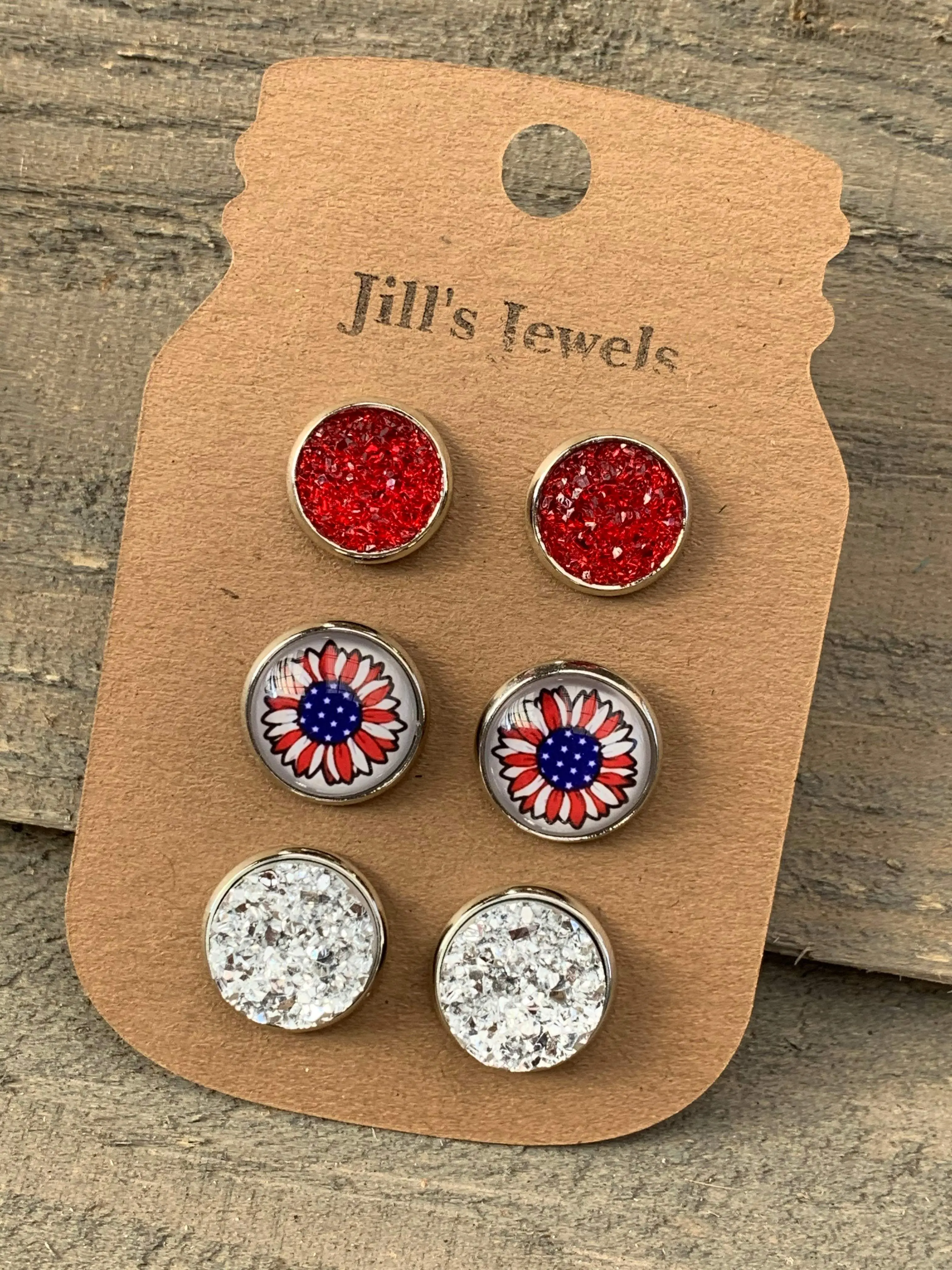 Red White and Blue USA Daisy Faux Druzy Earring 3 Set