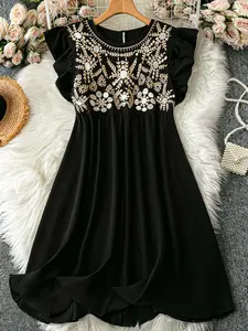 Elegant Plus Size Women's Round Neck Flounce Sleeve Chiffon Dress, Sequins Embroidery, Vintage Party Date