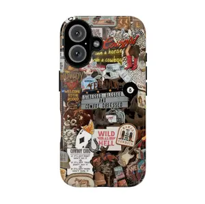 Western Collage Phone Case, cowboy skull horn heart card hand cactus desert flower rustic Americana vibes baddie baby girl no bad vibes aesthetic gift play now, iPhone 17 16 15 14 13 12 Pro Max Plus X, Samsung Galaxy S25 S24 S23 S22 S21 Ultra