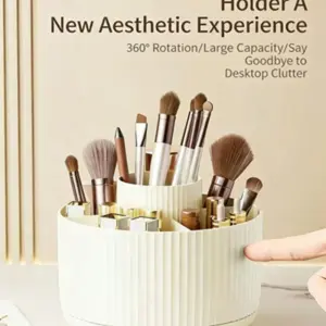 360° Rotating Makeup Brush Storage Bucket, Cream Wind Desktop Organizer Box, Large Capacity Cosmetic Stationery Holder, Luxurious Dressing Table Decor