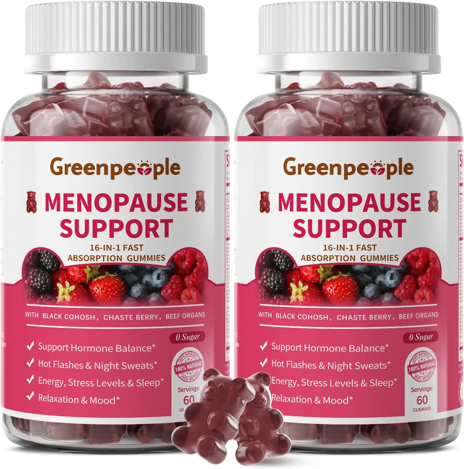 GREENPEOPLE Menopause Supplements for Women Gummies - 16-in-1 Dual Action Menopause Relief W/Black Cohosh, Vitex, Beef Organs for Hormone Balance, Hot Flashes, Night Sweats & Mood, 60 CT (2 Packs)
