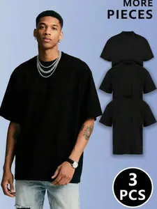 3 Pack Men's Oversized 100% Cotton Black T-Shirts, 2026 Viral Drop Shoulder Plain Tees