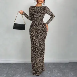 Sexy Leopard Print Mesh Dress Long Sleeve Slim Fit Ruched Waist Elegant Maxi Bodycon Dress Casual Womenswear Chic Formal Fashion All Seasons