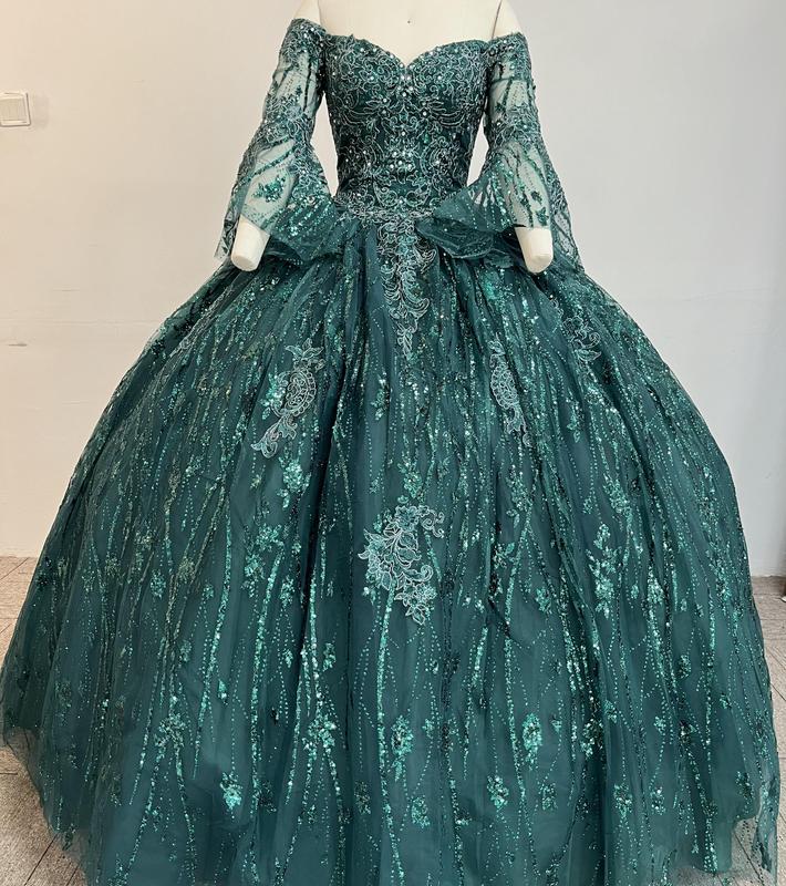 NO.43  Quinceañera Dress Off The Shoulder Bell Sleeves Green Blush Sparkle Tulle Ball Gown Dress