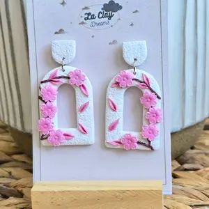 La Clay Dreams Beautiful Handmade Polymer Clay Earrings with Cherry Blossom Design on Arch Shape White Background Lightweight Hypoallergenic
