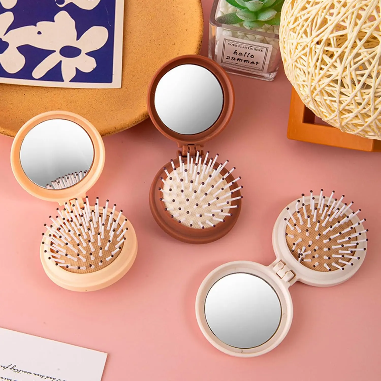 2 PCS Mini Folding Hair Brush with Mirror, Compact Round Pocket Hair Comb with Built-In Mirror, Portable Travel Hairbrush for Daily Hair Styling, Handbags, Makeup Bags, School, Office and Everyday Grooming