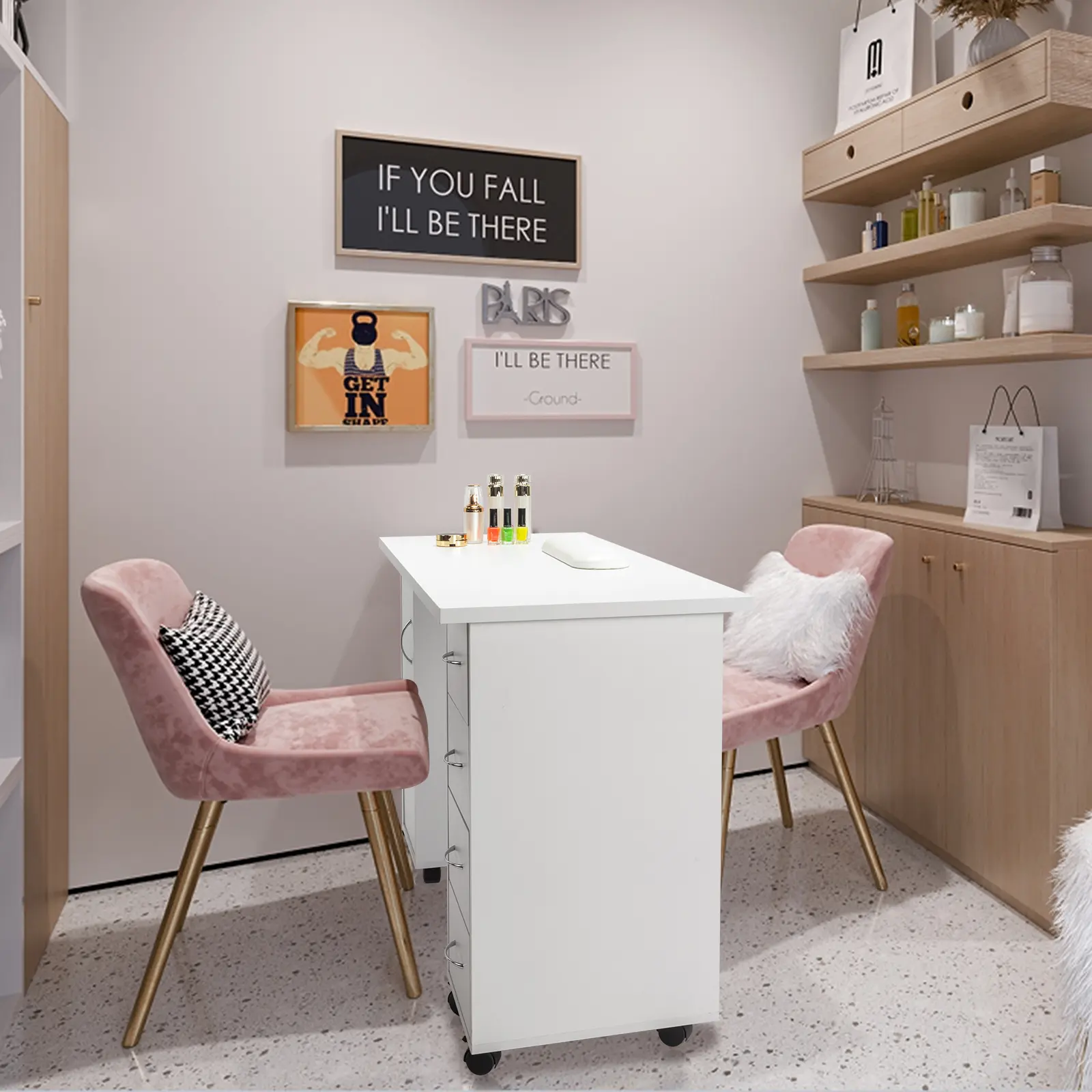 BarberPub Manicure Table Acetone Resistant Nail Desk with 4 Drawers 2 Cabinets Lockable Wheels Wrist Pad for Nail Tech Beauty Salon Laptop Desk Furniture Storage Shelf Makeup Vanity Wood Console Table E1 MDF Material