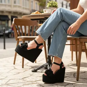 Women's Stylish Black Jute Flower Wedge Sandals - 15cm Heeled Platform Shoes, Elegant Decor Walking Footwear for Fashion Enthusiasts