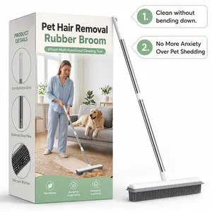 Pet Hair Removal Broom Rubber Broom with Stainless Steel Handle, Carpet and Floor Hair Removal Tool for Household Cleaning Supplies