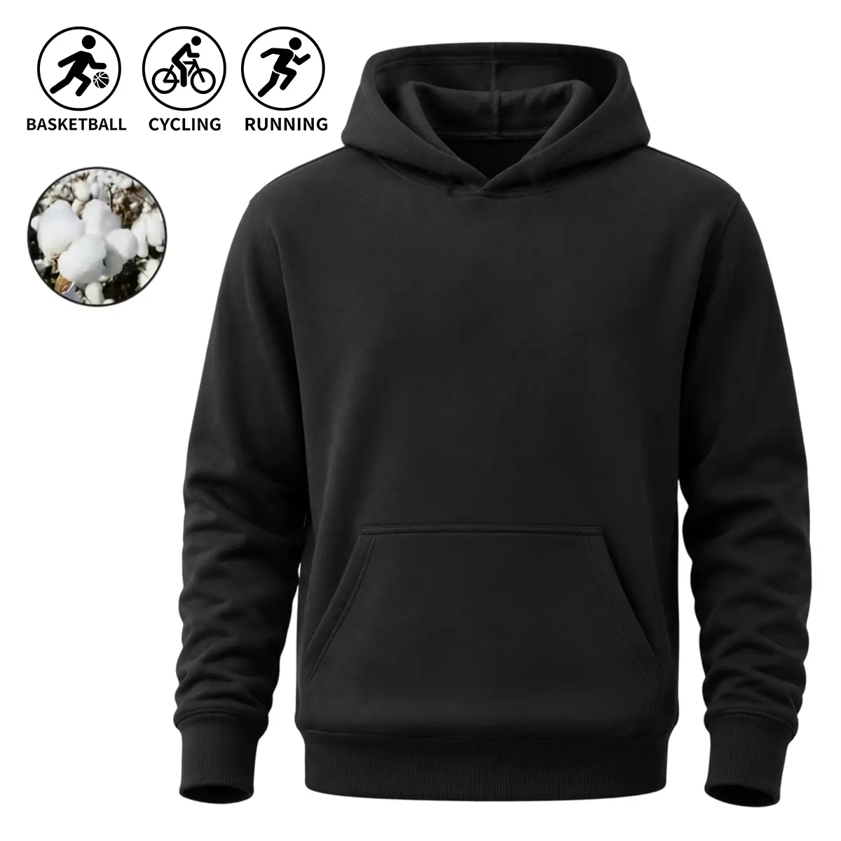 Mens Fleece-Lined Solid Color Hooded Sweatshirt, Trendy Menswear Pullover Outerwear, Sporty Long-Sleeve Youth Top, New Autumn Outdoor Casual Street Style American Training Garment