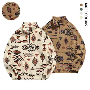 Vintage Geometric Colorblock Fleece Sweatshirt Autumn Winter New Trendy Stand Collar Pullover Unisex Oversized Streetwear Warm Jacket