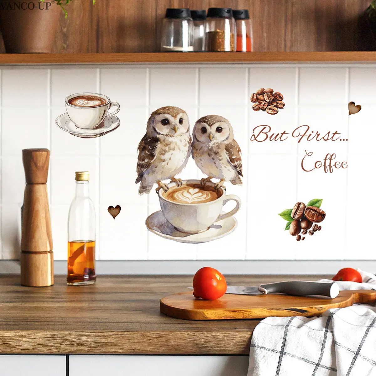 1 Pc (30×60cm) Healing Coffee Theme Wall Sticker, Owl Latte Art Coffee Decor, Self-Adhesive Sticker for Kitchen & Bar Counter