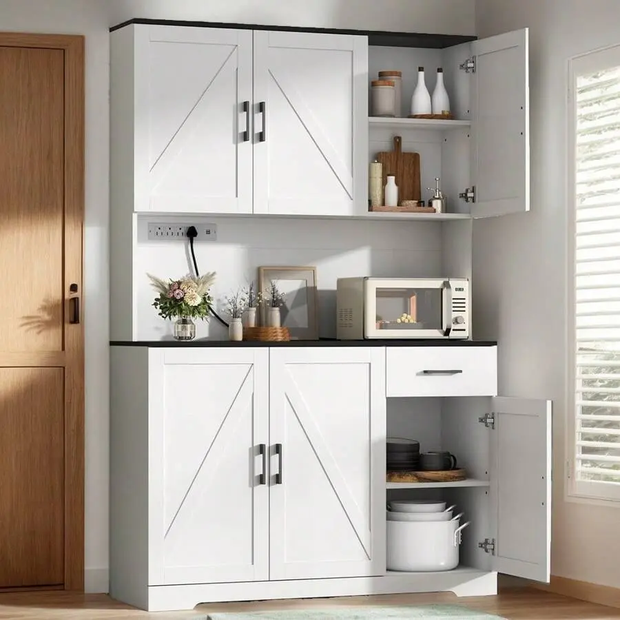 Vintage Farmhouse Style 71" Tall Storage Cabinet, Tall Kitchen Sideboard With Electrical Outlet, Separate Kitchen Cabinet With Drawers, 6 Doors And 4 Adjustable Shelves - Durable Wood Kitchen, Dining Room, Bathroom Storage Cabinet - Easy Assembly