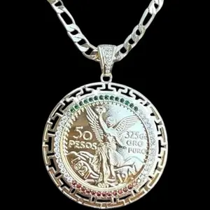 Mens 14K Gold Plated Mexican Flag 50 Pesos Centenario Pendant with Figaro Link 24in 4mm Fashion Chain Unisex Jewelry for All Occasions