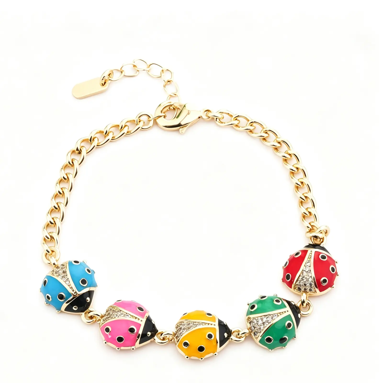 Trendytry 14K Gold Plated Colorful Ladybug Bracelet for Women, Cute Enamel Beetle Charm Jewelry with CZ Sparkle, Adjustable Gift Bracelet