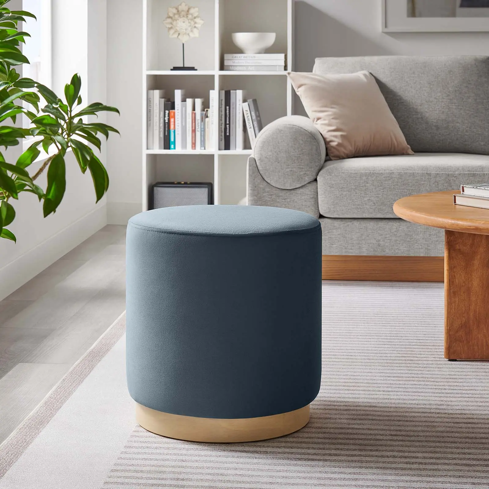 Modway Tilden 16" Round Performance Velvet Upholstered Foam Ottoman - Modern Furniture Footstool Stool, Pre-Assembled, 506 lbs Capacity, Cadet Blue Natural, Ideal for Cozy Apartments