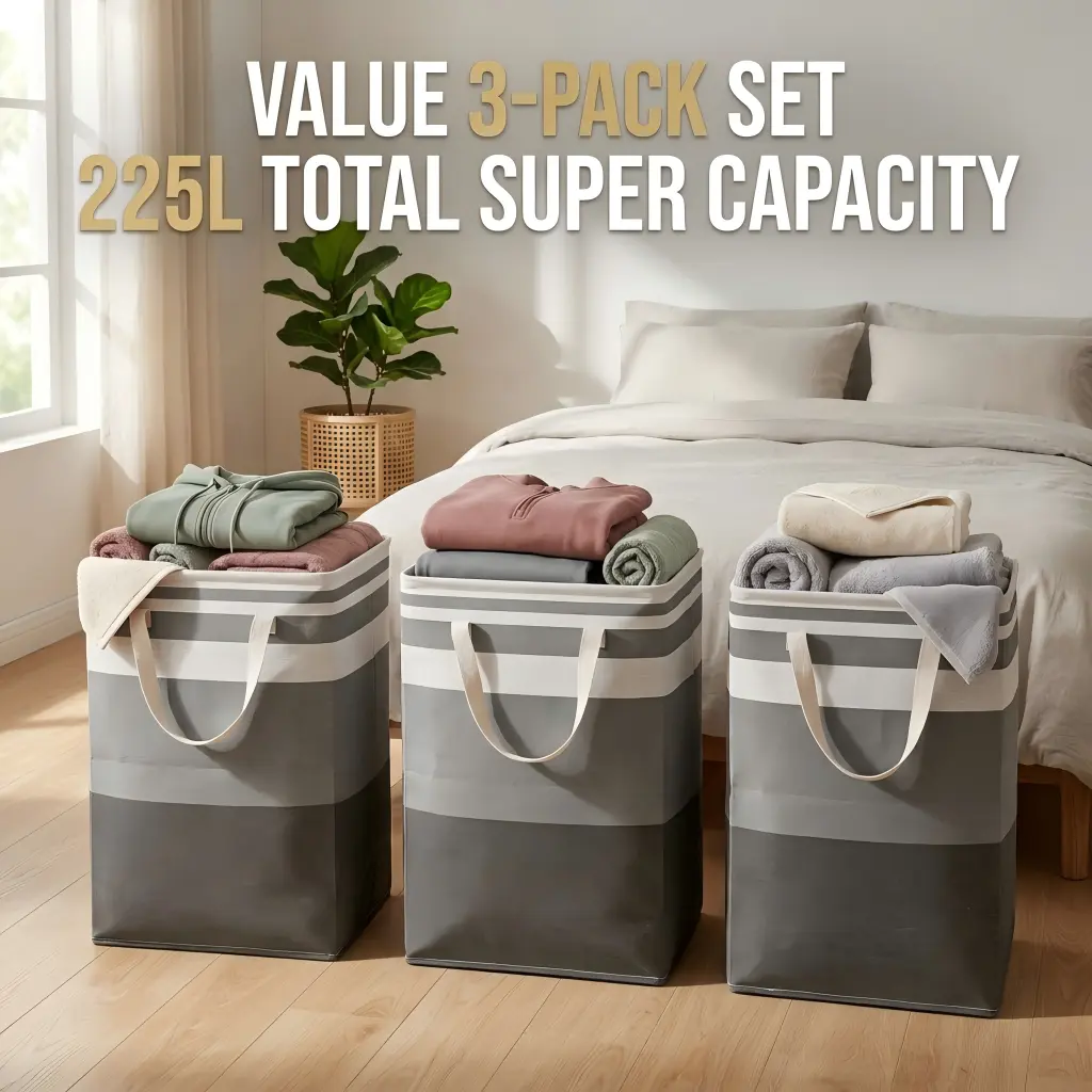 Value 3-Pack Laundry Hamper Set, 225L Large Clothes Baskets for Laundry, Foldable Fabric Laundry Baskets with Handles & Iron Frame, Standalone Clothes Hamper for Bedroom, Bathroom, Dorm Organization