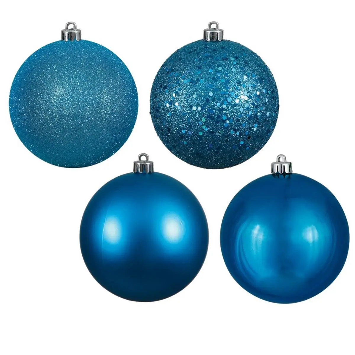 Vickerman Decorative Hangable Plastic Turquoise Holiday Christmas Ball Ornaments - 6 in, 4-Finish Designs, 4-Piece Box Pack, Indoor Festive Home & Party Decoration Supplies