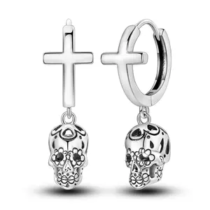 MULA Silver-Plated Gothic Cross and Skull Stud Earrings, Punk Rock Alternative Costume Jewelry, Ideal Halloween Gift for Avant-Garde Women, Studs Earrings, Gothic Skull Earrings