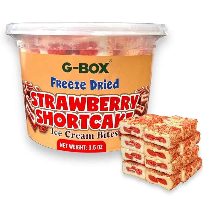 G-BOX Freeze Dried Ice Cream| Crunch Strawberry Shortcake Ice Cream Bites - Perfect for Camping, Outdoor, and Party - Air-tight Sealed in a Deli Container (3.5 OZ Strawberry Shortcake)