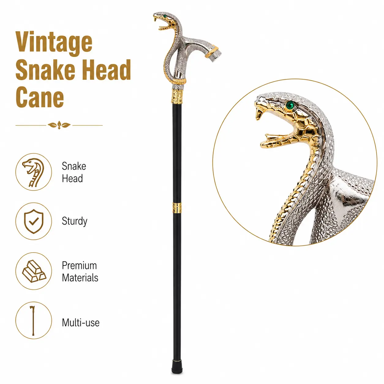 Walking Cane Metal Gold Snake Head Design for Men and Women Sturdy Support for Daily Use Hiking Outdoor Walking