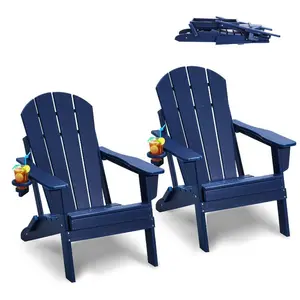 Adirondack Chair Plastic, Set of 2 All-Weather Portable Folding Fire Pit Chair, Outdoor Adirondack Patio Chair with Cup Holder, with Relaxing Arm Rest Ergonomic, for Garden, Backyard Navy Blue