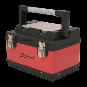 212 MAIN 26 in. Garage Tool Storage Box - Heavy Duty Durable Metal & Plastic Tool Organizer with Aluminum Grip, Double Clasp, Lift-Out Tray, Hand-Carry Handle, Red