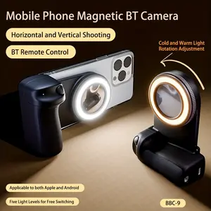 Aston Digital BBC-9 Mobile Phone Camera Handle with Magnetic BT Remote Control 360° Rotating Self-Lighting for Apple & Android Live Streaming