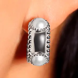 Sterling Silver Dual Pearl Huggie Earring, Made in Italy