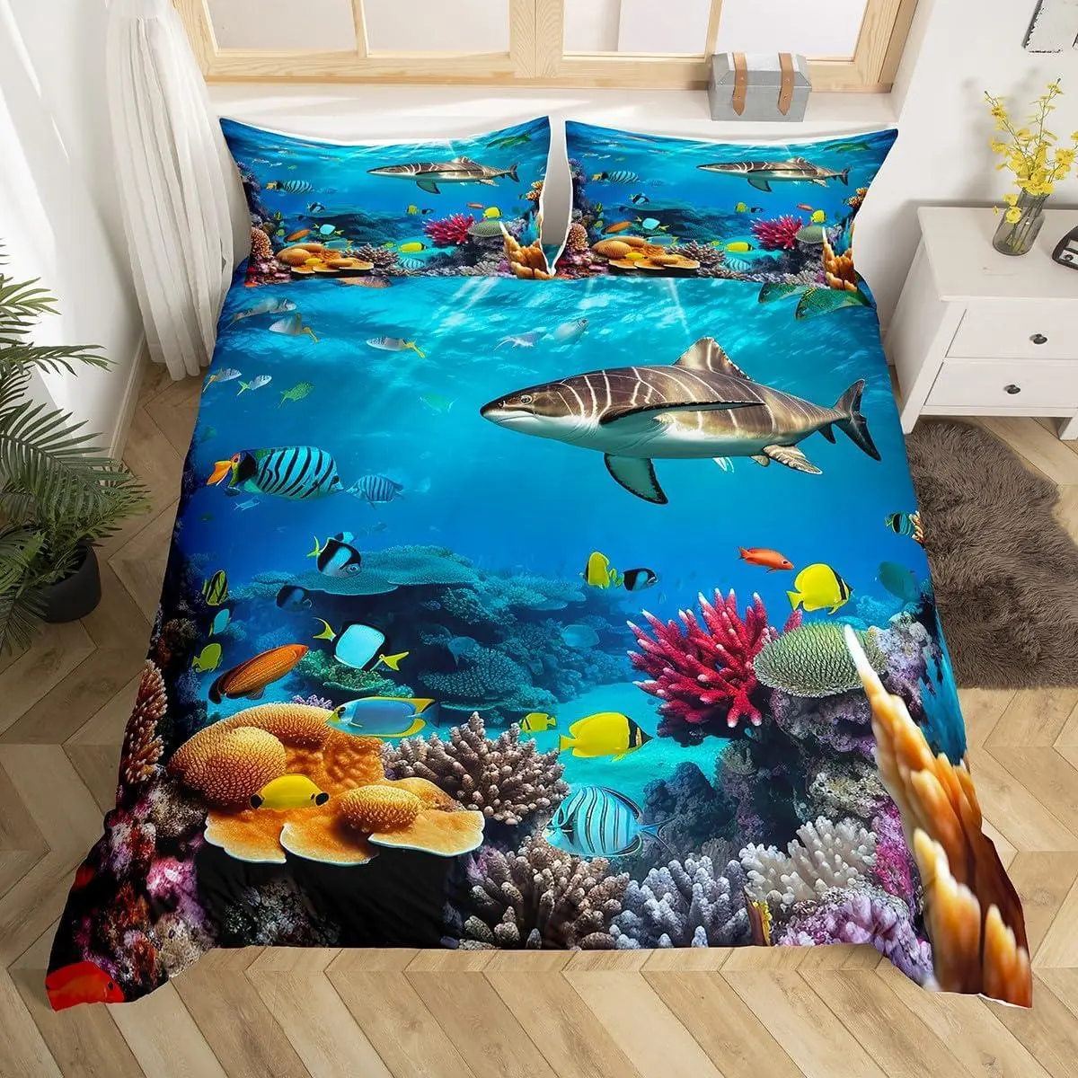 Shark Bedding Set Sea Turtle Comforter Cover Adult Ocean Marine Themed Duvet Cover Underwater Animal Pattern Bedspread Cover