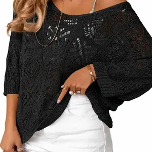 Women's 2026 Spring Summer Crochet Hollow Out 3/4 Sleeve Pullover Sweater Off Shoulder T-Shirts Decorative Sweater