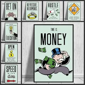 Time Is Money Monopoly Canvas Poster, Hustle Motivational Wall Art for Office Living Room Decor