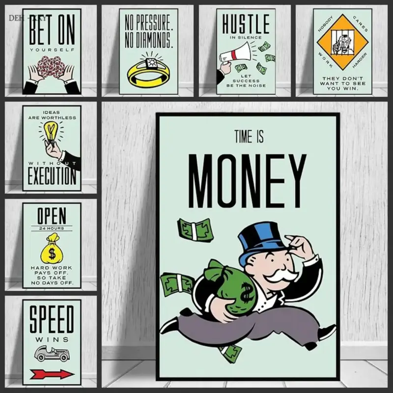 Time Is Money Monopoly Canvas Poster, Hustle Motivational Wall Art for Office Living Room Decor