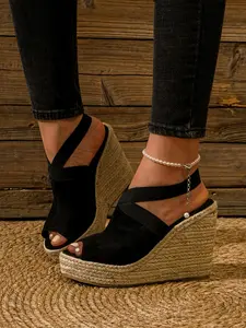 Women's Peep Toe Textile Shoes, Lightweight Comfortable All-Season Casual Footwear, Medium Width Rubber Sole Design, High Heels, Wedge Sandals