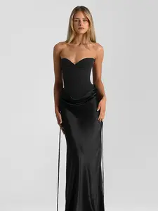 New European Style Women's Fashion Solid Color Fishbone Waist Slimming Sleeveless Dress, Long Flowy Tail Formal Evening Gown, Elegant Party Wear