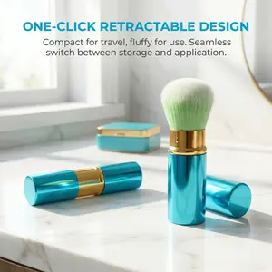 One-Click Retractable Travel Makeup Brush Compact Fluffy Mess-Free Seamless Storage Application Stylish Blue Black Gold Accents makeup brushes set
