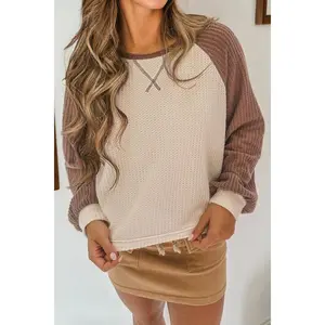 Camel Waffle Color Block Raglan Sleeve Top