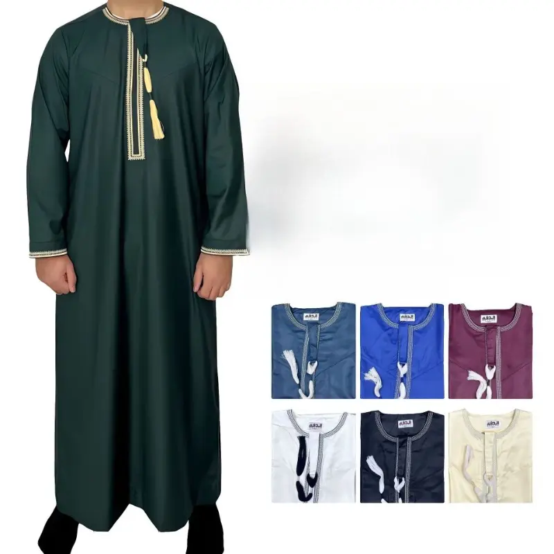 Men's Thick-Sized Omani Saudi Arabian Robe - Solid Color Round Neck Long Sleeve with Golden Embroidered Waistband, Traditional Arab Thobe for Formal & Casual Wear (Green, Navy, Burgundy, Light Beige), Cultural Attire, Detailed Craftsmanship, Highquality E