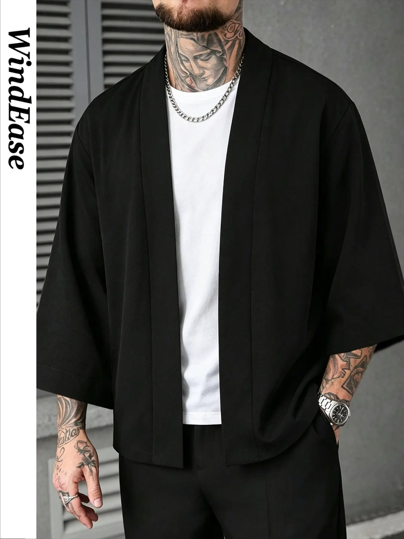 Men's Breathable Lightweight Loose Tropical Kimono-Style Open Front Jacket, Solid Color Sleeveless Zen Cardigan, Casual Streetwear Menswear for Summer Parties