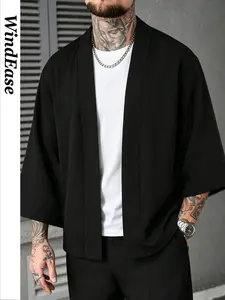 Men's Breathable Lightweight Tropical Kimono-Style Open Front Jacket, Solid Color Sleeveless Zen Cardigan, Casual Streetwear for Summer