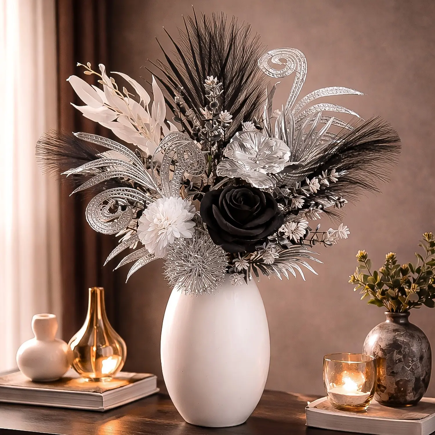 Luxury Rose Artificial Flower Arrangement, Artificial Daisy Flower, Fake Flowers, Vintage Dark Art Floral Decor, European High-End Home Decoration, Living Room Tabletop Accent, Botanical Decor, Artificial Flowers Set