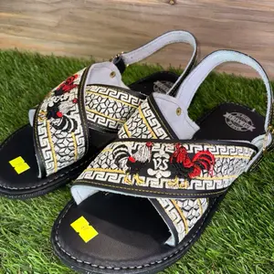 Crossed Huarache Sandals with Embroidered Rooster Design and Greek Key Pattern Comfortable Summer Footwear
