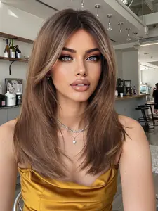 Warm Brown Balayage Long Layered Wig with Blonde Highlights |  Synthetic Hair for Women